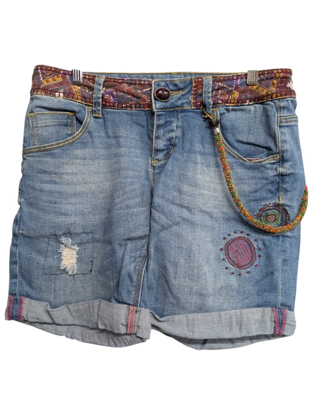 Desigual Eclectic Distressed Embroidered Denim Cuffed Shorts with Beaded Cord
